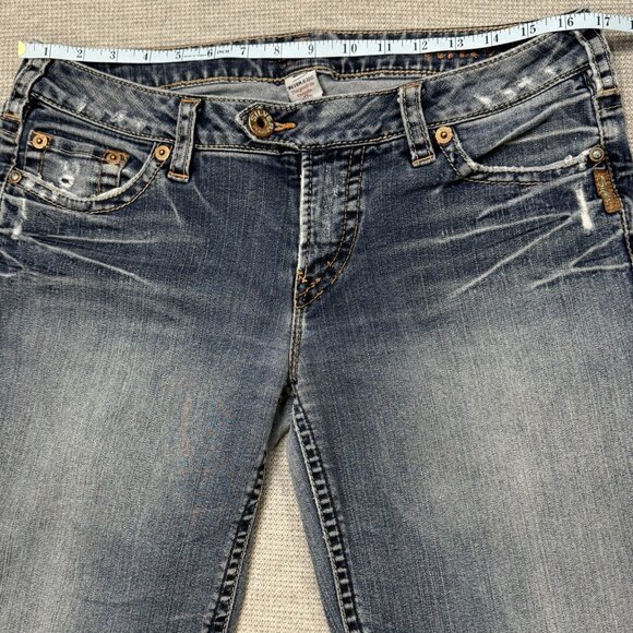Silver Jeans Womens Blue Distressed Denim Tina Bootcut Double Button Waist Sz 32 - Picture 11 of 16